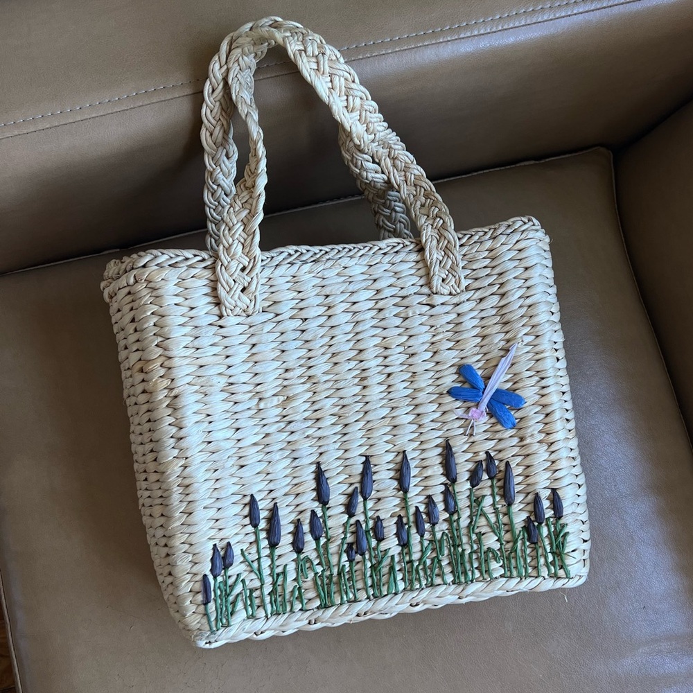 Rare Vintage 90s GAP Wicker Straw Basket Bag with Dragonfly - Picture 3 of 7